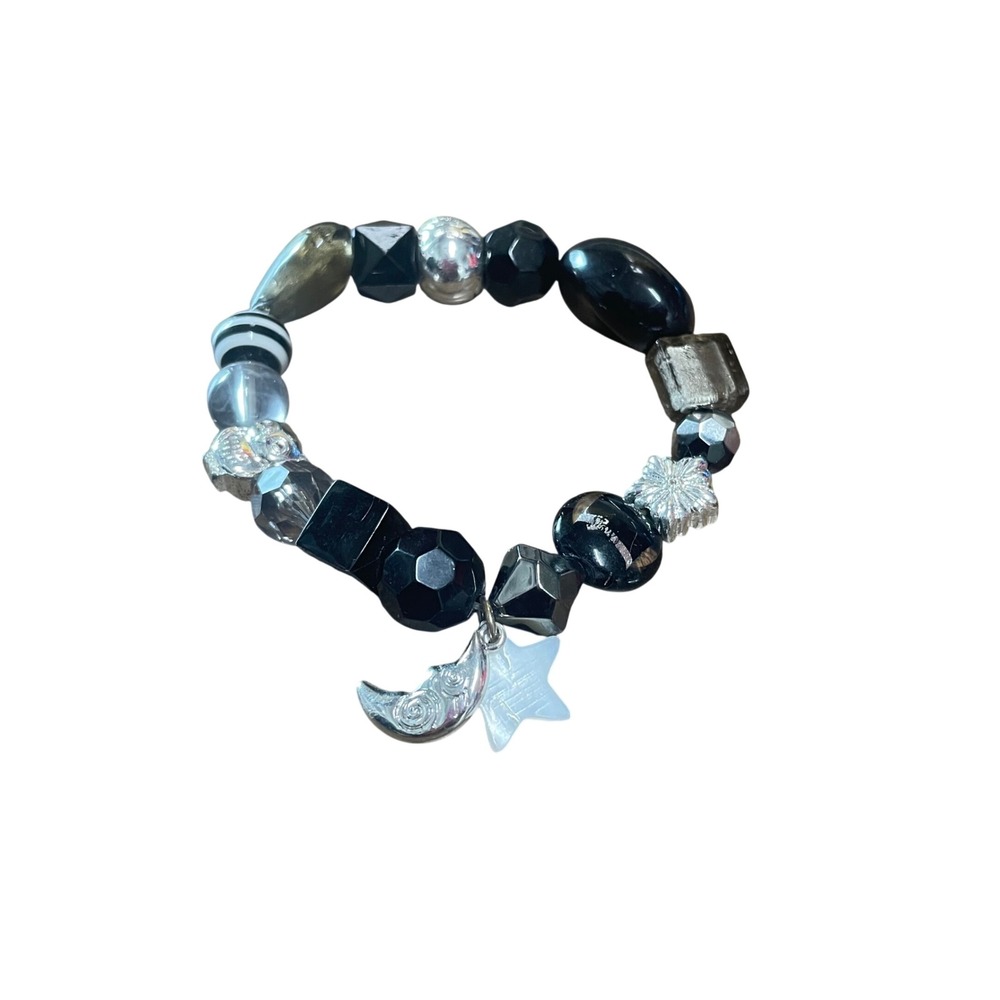 Avon Midnight Beaded Chic Charm Bracelet Black Silver Moon Star Celestial‎
